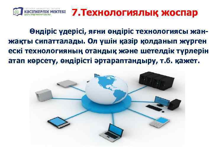 7. Технологиялық жоспар Өндіріс үдерісі, яғни өндіріс технологиясы жанжақты сипатталады. Ол үшін қазір қолданып