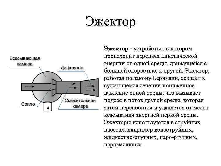 Эжектор - устройство, в котором происходит передача кинетической энергии от одной среды, движущейся с