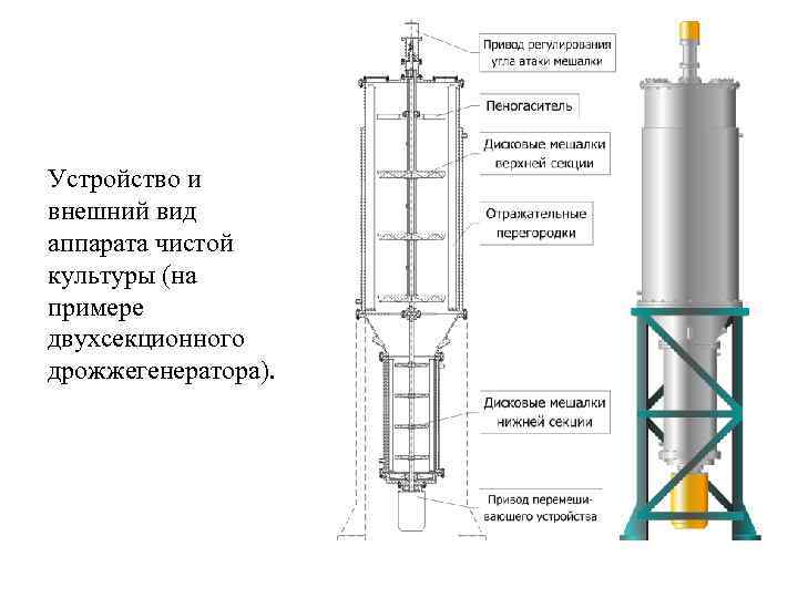 Устройство и внешний вид аппарата чистой культуры (на примере двухсекционного дрожжегенератора). 