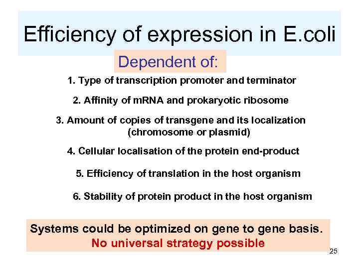 Efficiency of expression in E. coli Dependent of: 1. Type of transcription promoter and