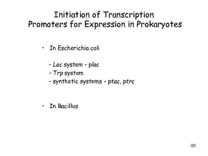 Initiation of Transcription Promoters for Expression in Prokaryotes • In Escherichia coli - Lac