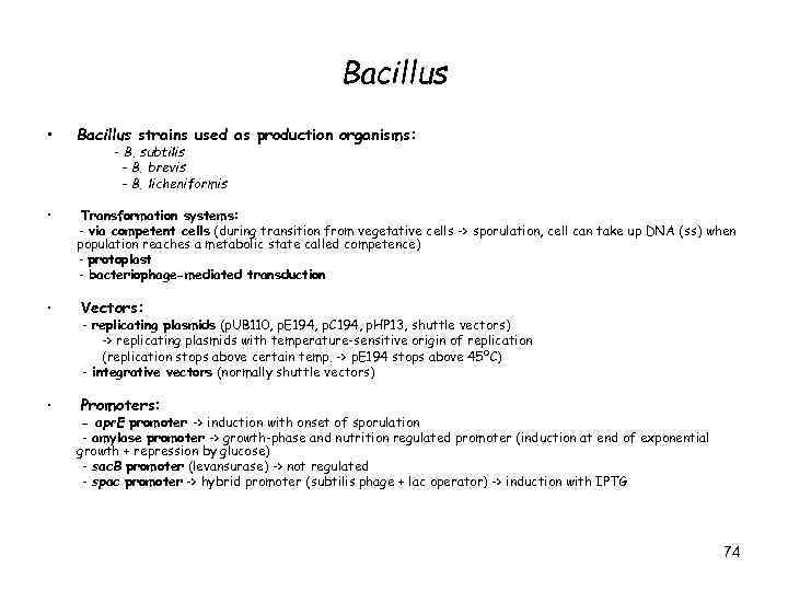 Bacillus • Bacillus strains used as production organisms: • Transformation systems: - via competent
