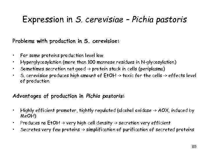 Expression in S. cerevisiae – Pichia pastoris Problems with production in S. cerevisiae: •