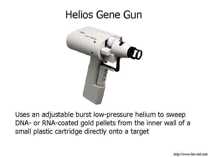 Helios Gene Gun Uses an adjustable burst low-pressure helium to sweep DNA- or RNA-coated