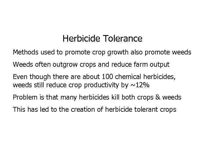 Herbicide Tolerance Methods used to promote crop growth also promote weeds Weeds often outgrow