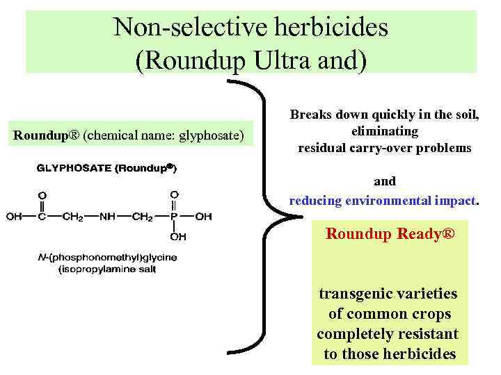 Non-selective herbicides (Roundup Ultra and) Roundup® (chemical name: glyphosate) Breaks down quickly in the