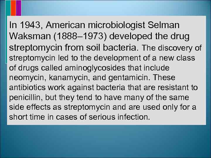 In 1943, American microbiologist Selman Waksman (1888– 1973) developed the drug streptomycin from soil