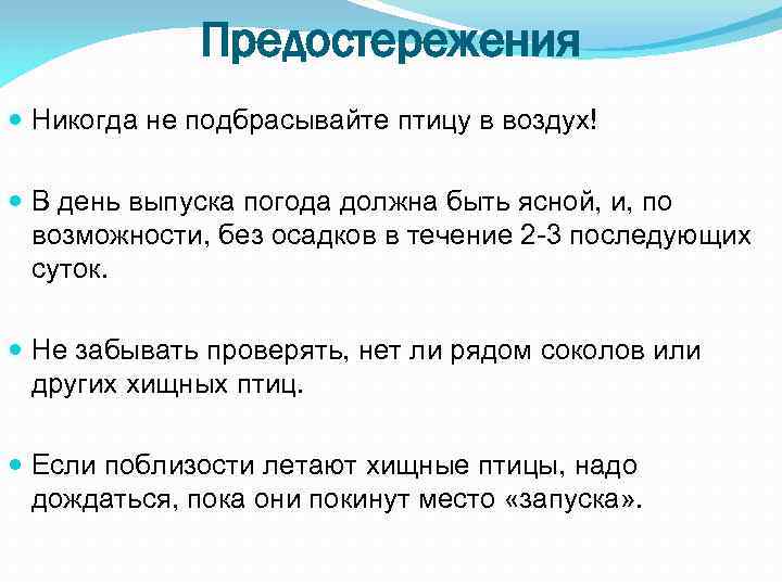 Предостережения Никогда не подбрасывайте птицу в воздух! В день выпуска погода должна быть ясной,