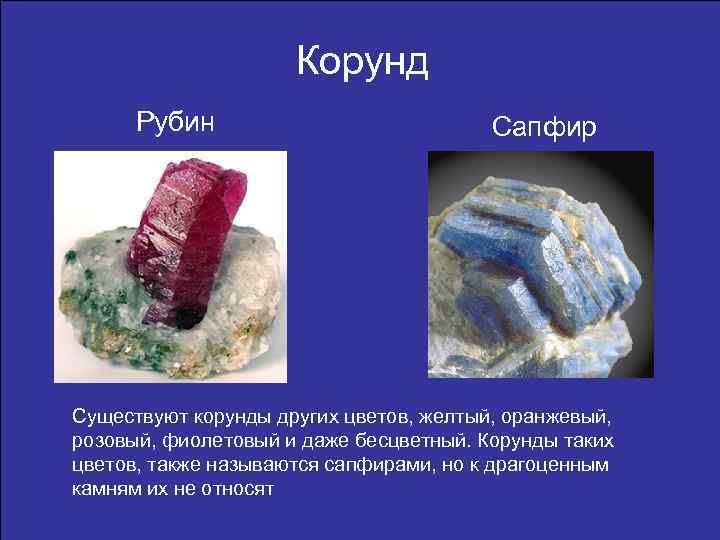 Корунд Рубин Сапфир Существуют корунды других цветов, желтый, оранжевый, розовый, фиолетовый и даже бесцветный.