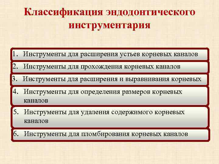 Классификация эндодонтического инструментария 1. Инструменты для расширения устьев корневых каналов 2. Инструменты для прохождения