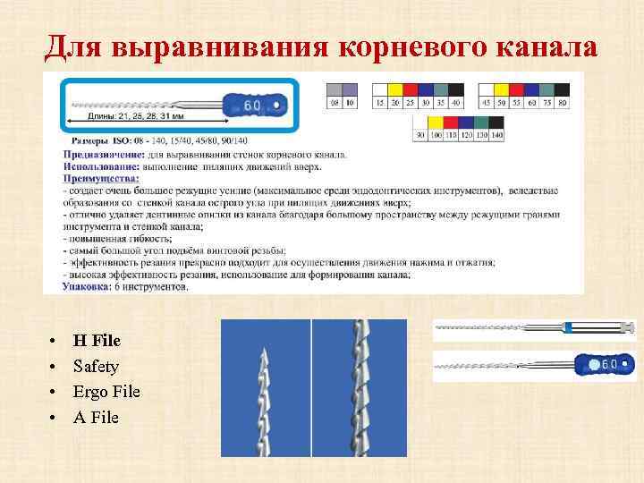 Для выравнивания корневого канала • • H File Safety Ergo File A File 