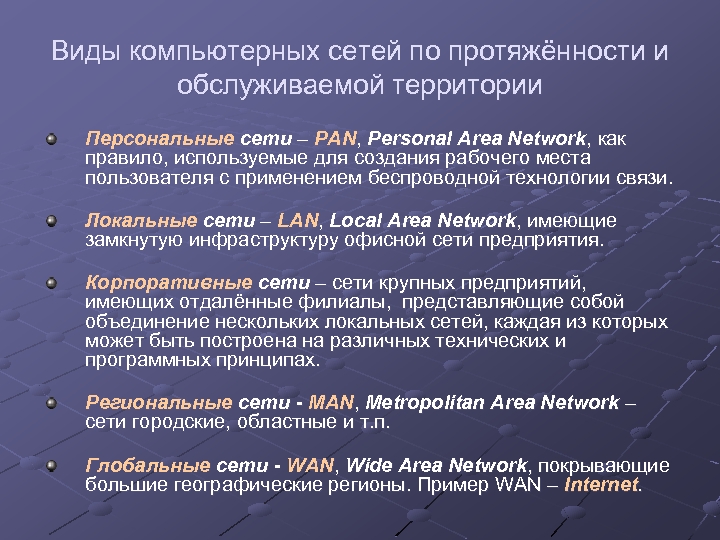 Виды компьютерных сетей по протяжённости и обслуживаемой территории Персональные сети – PAN, Personal Area