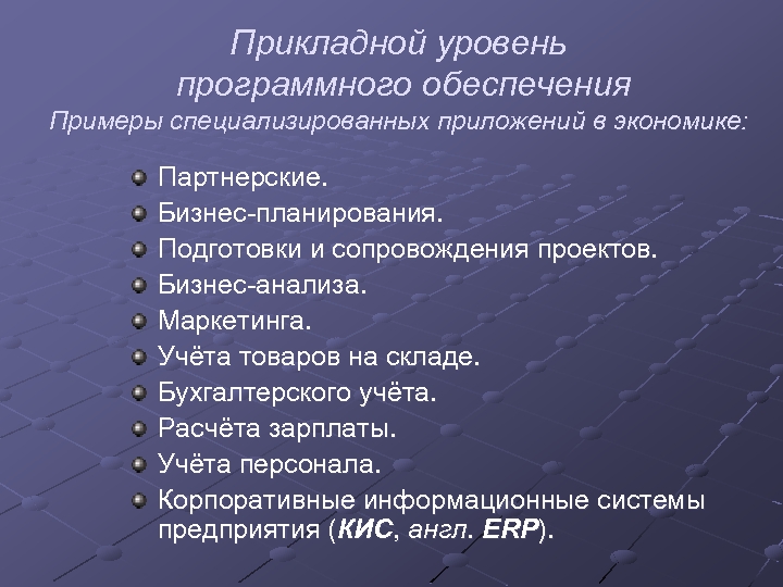 Прикладной уровень программного обеспечения Примеры специализированных приложений в экономике: Партнерские. Бизнес-планирования. Подготовки и сопровождения