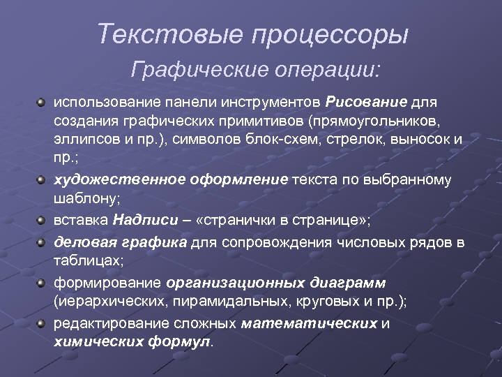 Текстовые процессоры Графические операции: использование панели инструментов Рисование для создания графических примитивов (прямоугольников, эллипсов