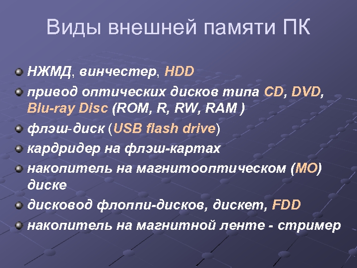 Виды внешней памяти ПК НЖМД, винчестер, HDD привод оптических дисков типа CD, DVD, Blu-ray