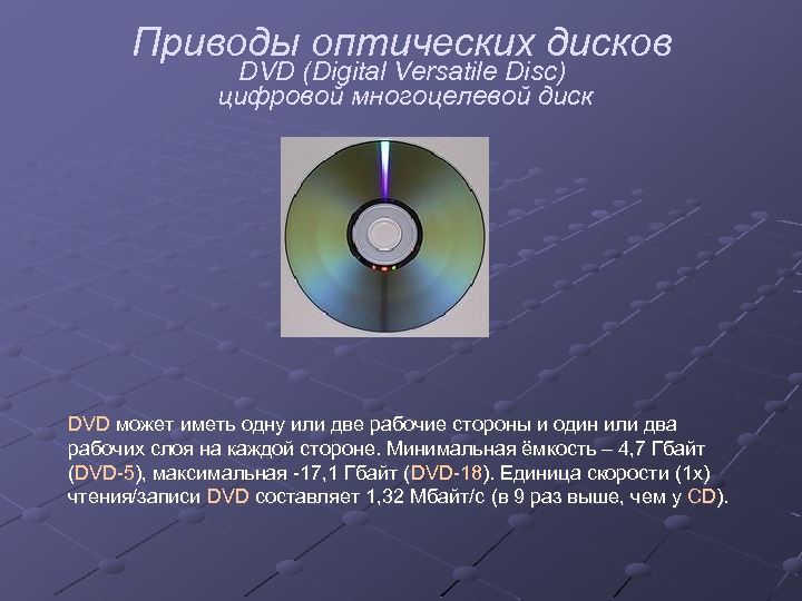 Приводы оптических дисков DVD (Digital Versatile Disc) цифровой многоцелевой диск DVD может иметь одну