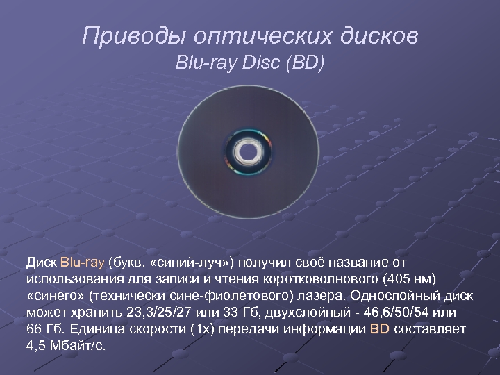 Приводы оптических дисков Blu-ray Disc (BD) Диск Blu-ray (букв. «синий-луч» ) получил своё название