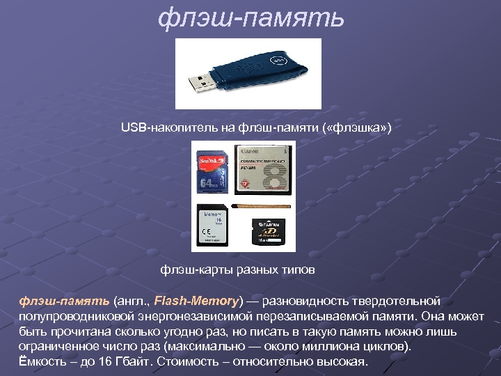 флэш-память USB-накопитель на флэш-памяти ( «флэшка» ) флэш-карты разных типов флэш-память (англ. , Flash-Memory)