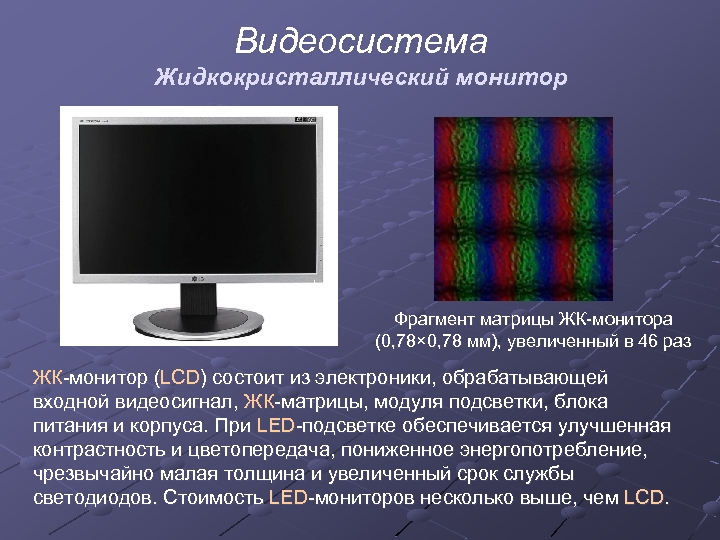 Видеосистема Жидкокристаллический монитор Фрагмент матрицы ЖК-монитора (0, 78× 0, 78 мм), увеличенный в 46