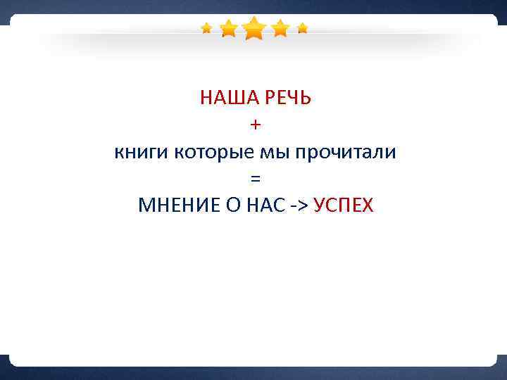 НАША РЕЧЬ + книги которые мы прочитали = МНЕНИЕ О НАС -> УСПЕХ 