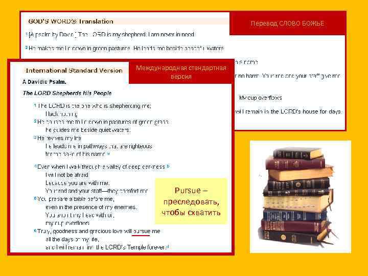 Перевод СЛОВО БОЖЬЕ Международная стандартная версия Pursue – преследовать, чтобы схватить 