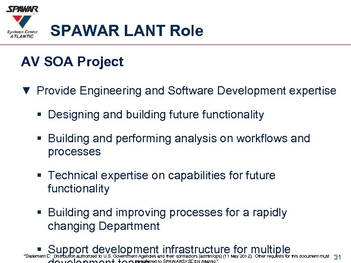 SPAWAR LANT Role AV SOA Project ▼ Provide Engineering and Software Development expertise §