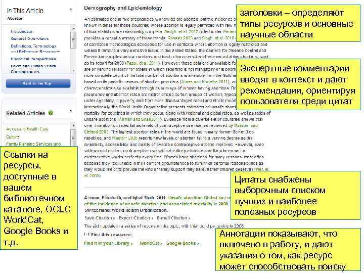 заголовки – определяют типы ресурсов и основные научные области Экспертные комментарии вводят в контекст