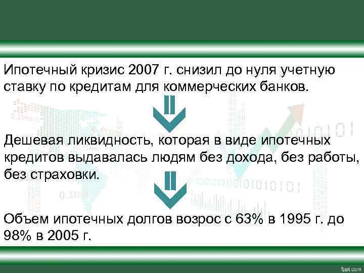 Ипотечный кризис 2007 г. снизил до нуля учетную ставку по кредитам для коммерческих банков.