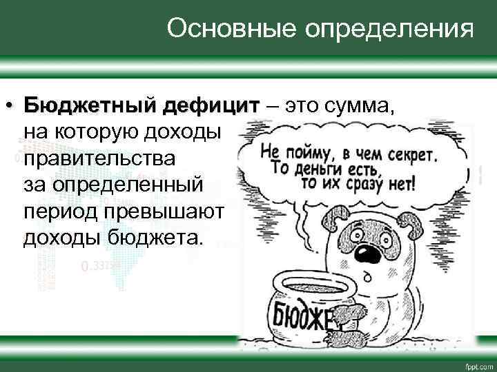 Основные определения • Бюджетный дефицит – это сумма, на которую доходы правительства за определенный