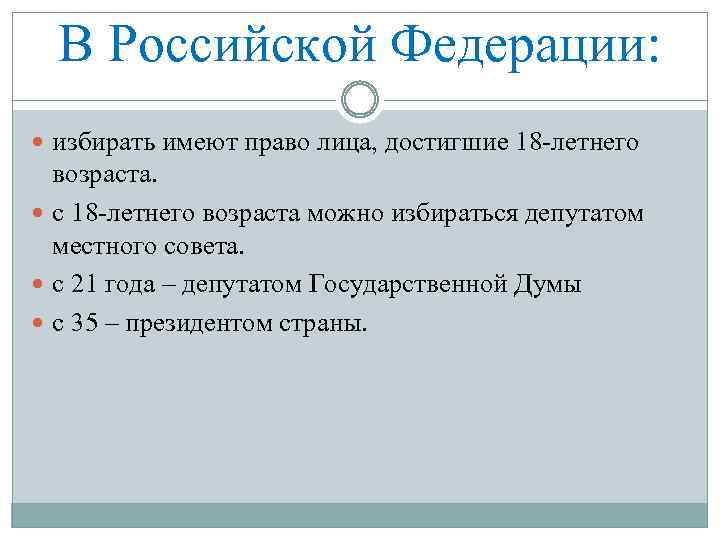 В Российской Федерации: избирать имеют право лица, достигшие 18 -летнего возраста. с 18 -летнего