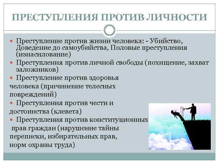 ПРЕСТУПЛЕНИЯ ПРОТИВ ЛИЧНОСТИ Преступление против жизни человека: - Убийство, Доведение до самоубийства, Половые преступления
