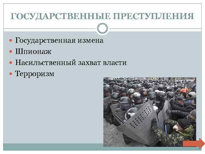 ГОСУДАРСТВЕННЫЕ ПРЕСТУПЛЕНИЯ Государственная измена Шпионаж Насильственный захват власти Терроризм 