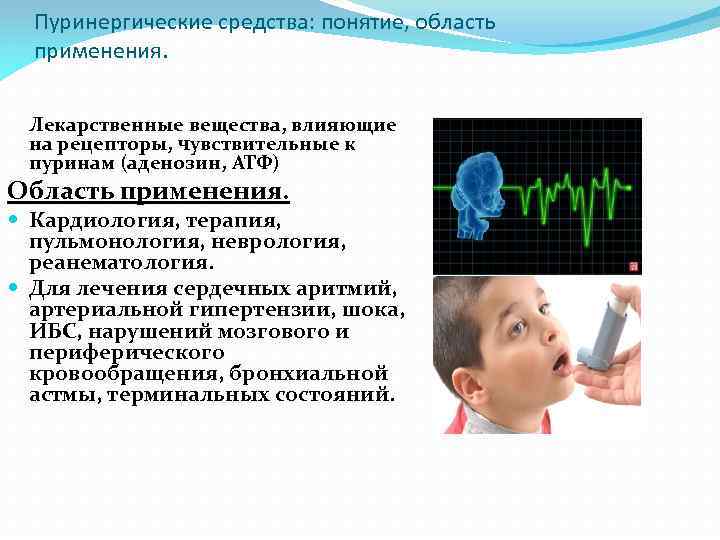 Пуринергические средства: понятие, область применения. Лекарственные вещества, влияющие на рецепторы, чувствительные к пуринам (аденозин,