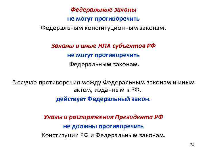 Противоречащие законы. Федеральные законы не могут противоречить:. Законы субъекта РФ не могут противоречить. Федеральные законы не могут противоречить Конституции. Законы и иные НПА субъектов РФ.