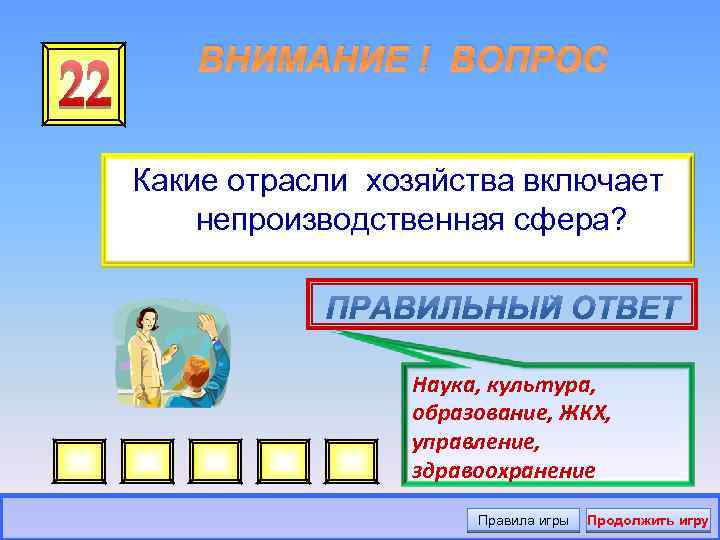 ВНИМАНИЕ ! ВОПРОС Какие отрасли хозяйства включает непроизводственная сфера? Наука, культура, образование, ЖКХ, управление,