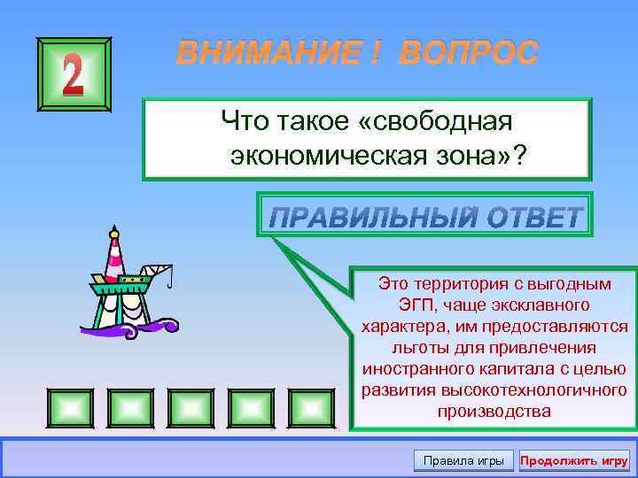 ВНИМАНИЕ ! ВОПРОС Что такое «свободная экономическая зона» ? Это территория с выгодным ЭГП,