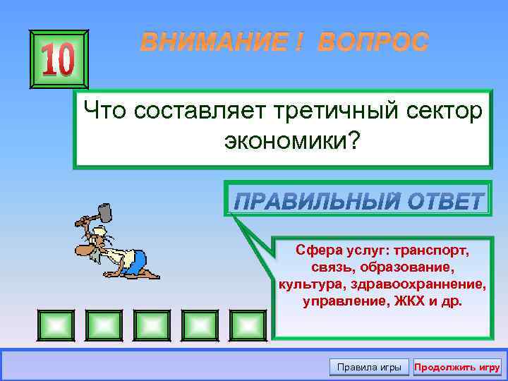 ВНИМАНИЕ ! ВОПРОС Что составляет третичный сектор экономики? Сфера услуг: транспорт, связь, образование, культура,