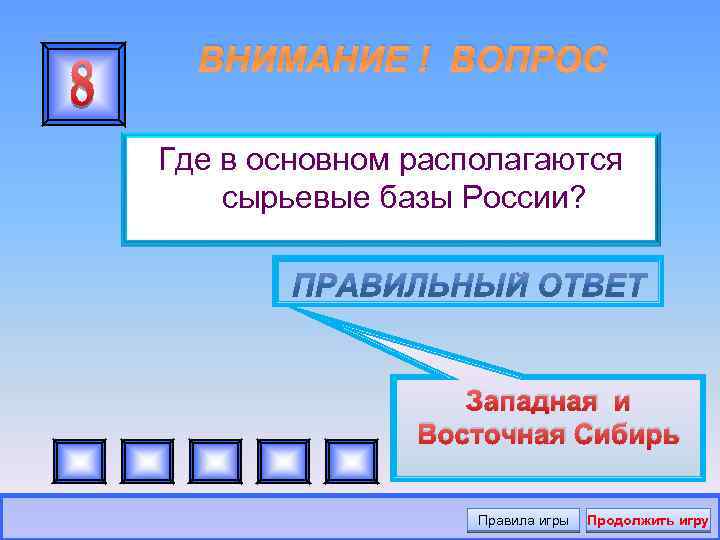 ВНИМАНИЕ ! ВОПРОС Где в основном располагаются сырьевые базы России? Западная и Восточная Сибирь