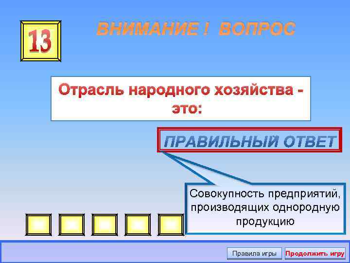 ВНИМАНИЕ ! ВОПРОС Отрасль народного хозяйства это: Совокупность предприятий, производящих однородную продукцию Правила игры