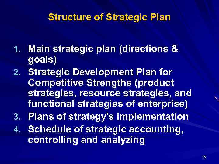 Structure of Strategic Plan 1. Main strategic plan (directions & goals) 2. Strategic Development