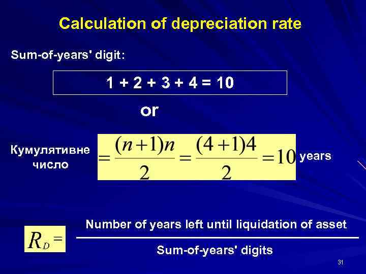 Calculation of depreciation rate Sum-of-years' digit: 1 + 2 + 3 + 4 =