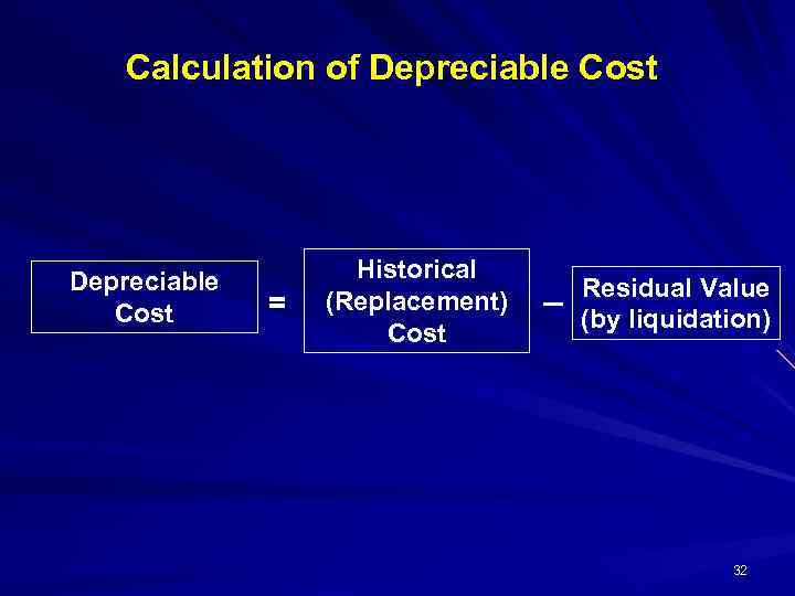 Calculation of Depreciable Cost = Historical (Replacement) Cost _ Residual Value (by liquidation) 32