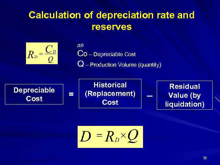Calculation of depreciation rate and reserves де CD – Depreciable Cost Q – Production