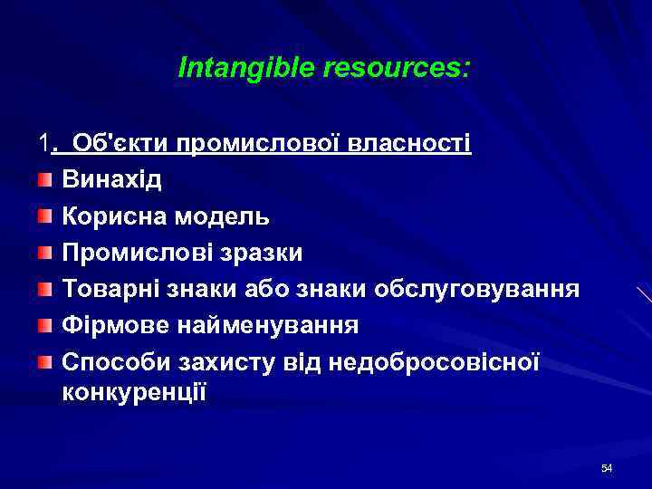 Intangible resources: 1. Об'єкти промислової власності Винахід Корисна модель Промислові зразки Товарні знаки або