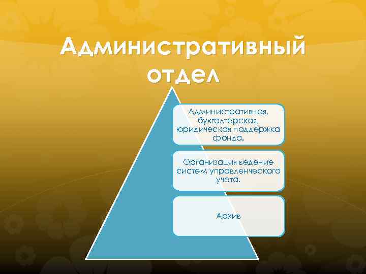 Административный отдел Административная, бухгалтерская, юридическая поддержка фонда. Организация ведение систем управленческого учета. Архив 