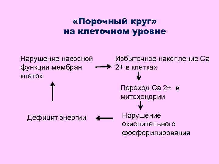  «Порочный круг» на клеточном уровне Нарушение насосной функции мембран клеток Избыточное накопление Са