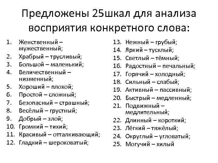 Предложены 25 шкал для анализа восприятия конкретного слова: 1. Женственный – мужественный; 2. Храбрый