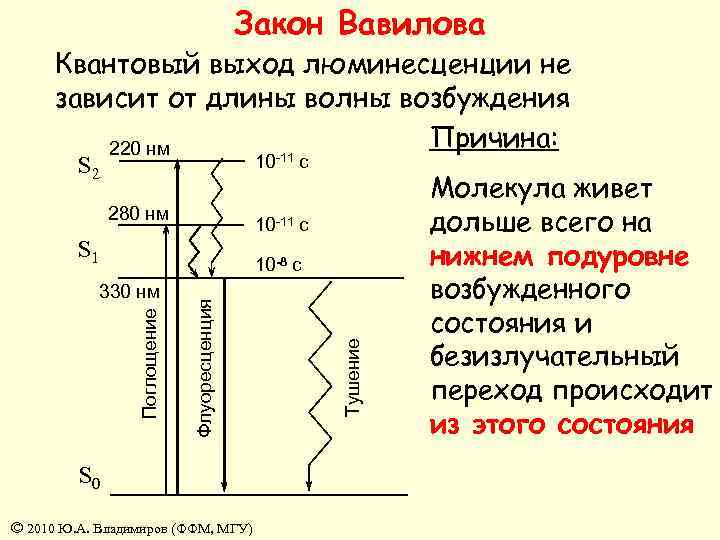 Закон Вавилова Квантовый выход люминесценции не зависит от длины волны возбуждения Причина: 220 нм