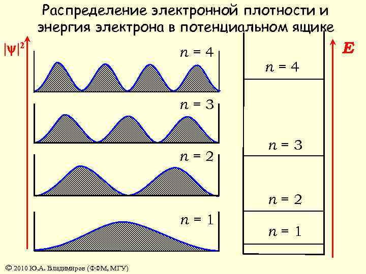 Распределение электронной плотности и энергия электрона в потенциальном ящике | |2 n=4 E n=4