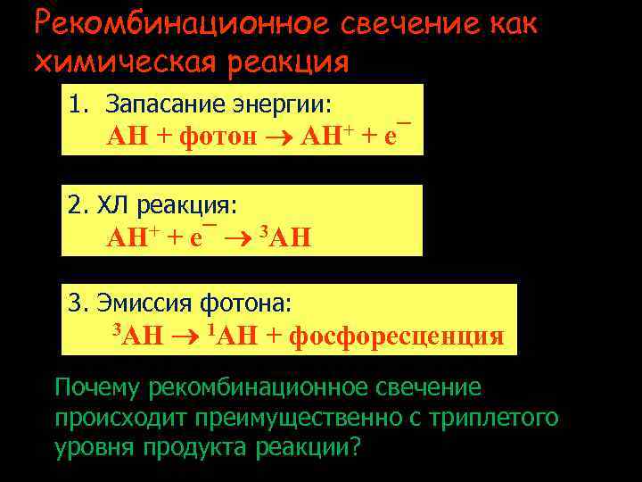 Рекомбинационное свечение как химическая реакция 1. Запасание энергии: AH + фотон AH+ + e¯